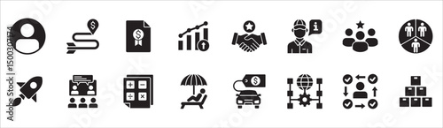 Business and management icon set. Contains symbol of businessman, target, leadership, progress, holiday, data, stock, market, accounting, training, resource, finance, service. Vector illustration