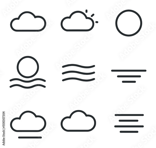 Overcast Sky Icon Set. Outline icon set of diffuse light in overcast sky: uniform cloud layer, soft glow, muted sun circle,