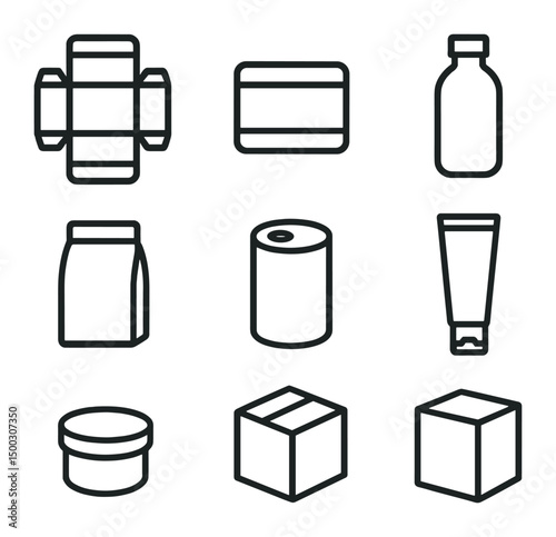 Packaging Icon Mockup Set. Outline icon set of packaging design mockups: box dieline, label wrap, bottle silhouette, pouch outline