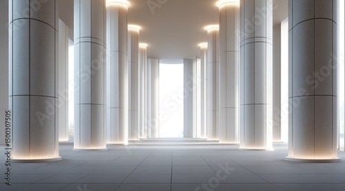 Modern Architectural Elegance: White Columns with Illuminated Entrance Sophisticated Building Entry: Photorealistic 3D Rendering of Lit Columns in Minimalist Design 