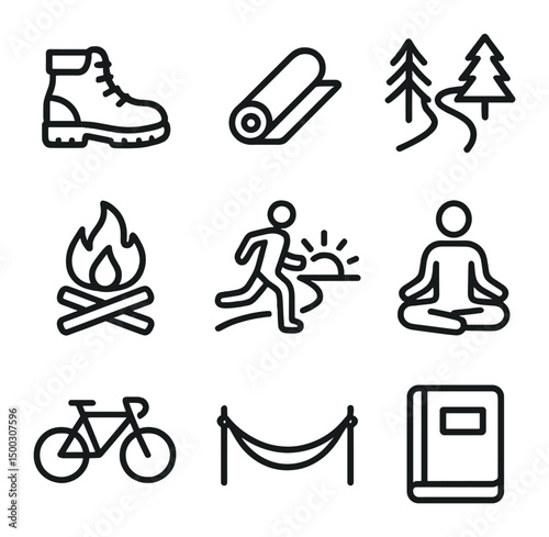 Paleo Icon Set. Outline icon set of paleo lifestyle activities: hiking boot, yoga mat, forest trail, campfire, sunrise run,