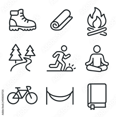 Paleo Icon Set. Outline icon set of paleo lifestyle activities: hiking boot, yoga mat, forest trail, campfire, sunrise run,