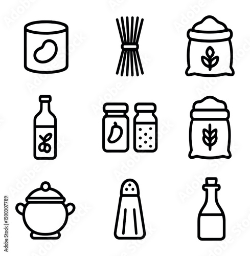 Pantry Icons Collection. Outline icon set of pantry staples inventory: canned beans, pasta bundle, rice sack, olive oil bottle,