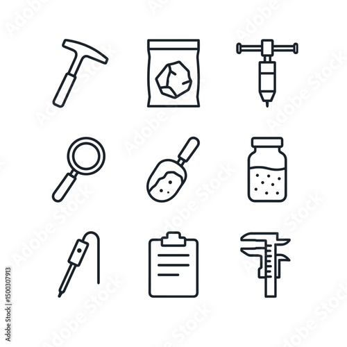 Geological Survey Icons. Outline icon set of geological survey instruments: rock hammer, sample bag, core drill, magnifying loupe,