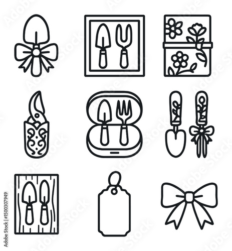 Gift Tool Icon Set. Outline icon set of gift-ready decorative tool sets: ribbon-wrapped spade, boxed trowel set, floral-printed