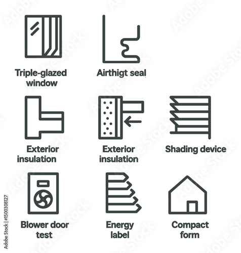 Passive House Icons. Outline icon set of passive house components: triple-glazed window, airtight seal, heat recovery ventilator,