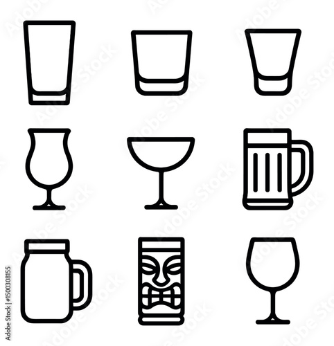 Glassware Icon Set. Outline icon set of glassware types: highball glass, lowball glass, shot glass, hurricane glass, coupe glass,