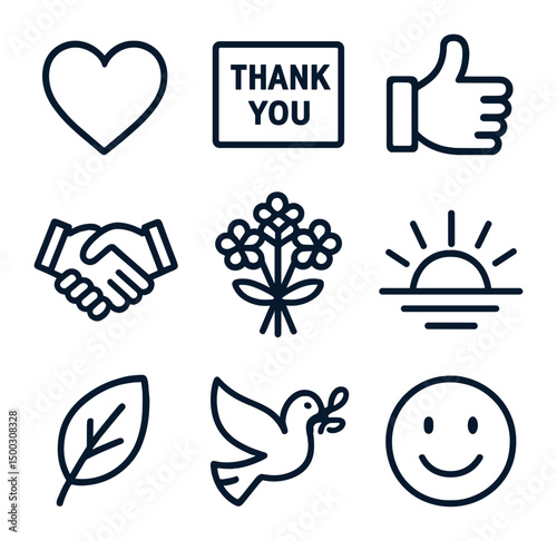 Gratitude Icon Set. Outline icon set of gratitude moments: heart, thank you note, thumbs up, handshake, flower bouquet, sunrise,