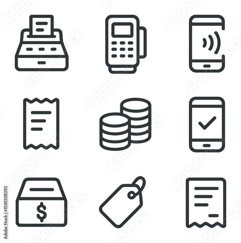 Payment Icons Collection. Outline icon set of payment and point-of-sale: cash register, credit card reader, mobile payment,