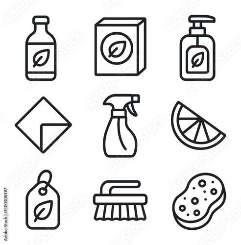 Green Cleaning Icons. Outline icon set of green cleaning products: vinegar bottle, baking soda box, castile soap, microfiber cloth