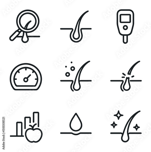 Hair Health Icons. Outline icon set of hair health diagnostics: scalp magnifier, follicle cross-section, pH meter, elasticity