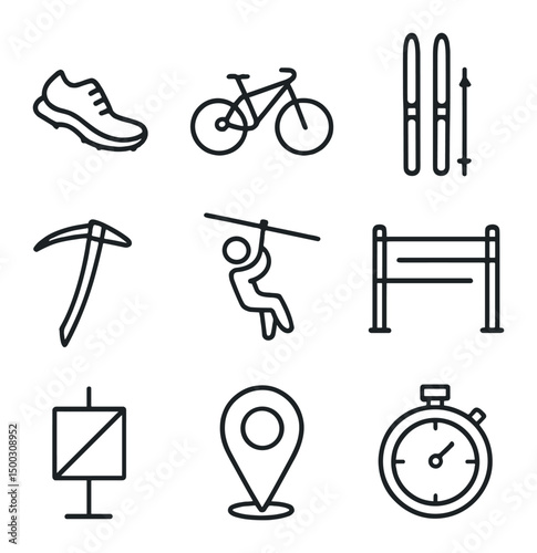 Hill Sports Icon Set. Outline icon set of hill sports and fitness: trail running shoe, mountain bike, cross-country ski, rock