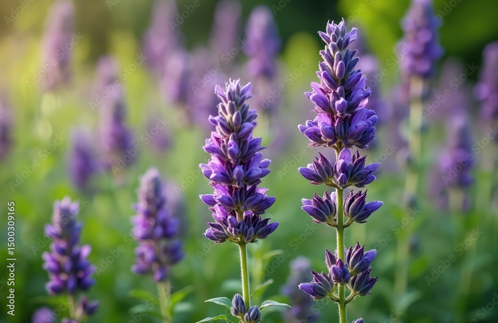 Obraz premium Close-up of blooming sage flowers in garden. Purple floral plants, natural background, green leaves. Summer season outdoor landscape, botany, gardening, herbal medicine, fresh flowers, peaceful mood.