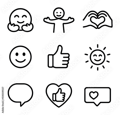 Hug Emoticon Icons. Outline icon set of interface hug emoticons: hugging emoji, open arms icon, heart hands, smiley face, thumbs