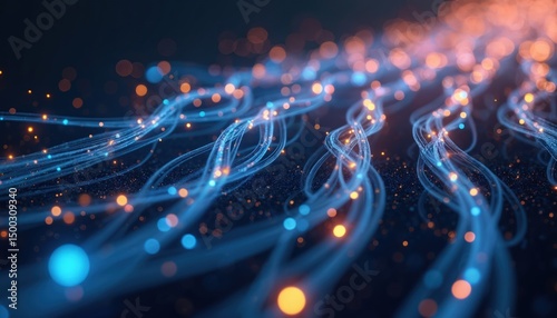 Abstract illustration fiber optic cables with light dots. Mesmerizing pattern of lines, curves, technology digital network. Connection, cyberspace, future, modern design. Glowing futuristic
