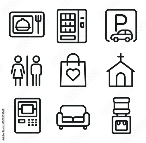 Hospital Facility Icons. Outline icon set of hospital facilities and amenities: cafeteria tray, vending machine, parking lot,