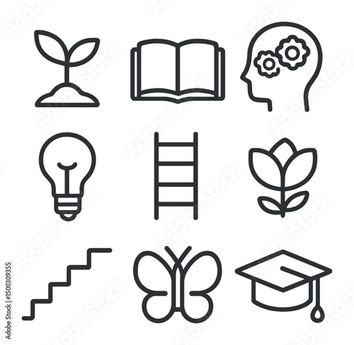 Personal Growth Icons. Outline icon set of personal growth milestones: sprouting plant, open book, brain with gears, light bulb,