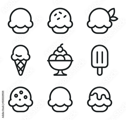 Ice Cream Icon Set. Outline icon set of ice cream delights: vanilla scoop, strawberry scoop, mint scoop, lemon sorbet, blueberry