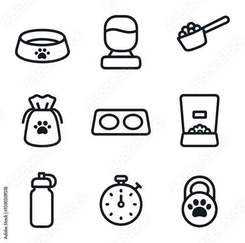 Pet Feeding Icons. Outline icon set of daily pet feeding routines: food bowl, water dispenser, measuring scoop, food container,