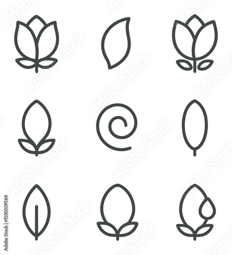 Petal Icon Set. Outline icon set of reef tourism activities: glass-bottom boat, snorkeling tour, dive flag, souvenir shop,
