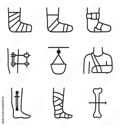 Immobilization Techniques Icons. Outline icon set of immobilization techniques: plaster cast, fiberglass splint, brace strap,