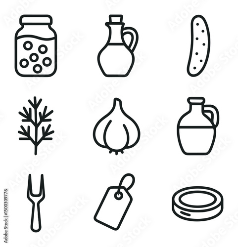 Pickling Icon Set. Outline icon set of pickling preservation: mason jar, vinegar bottle, cucumber spear, dill sprig, garlic clove,