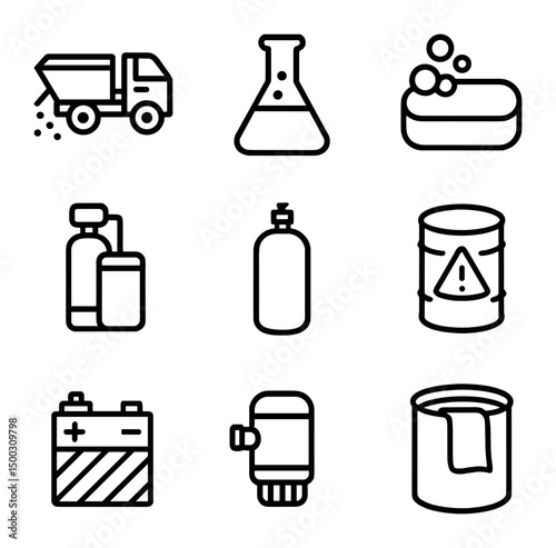 Industrial Salt Icons. Outline icon set of industrial salt applications: de-icing truck, chemical flask, soap bar, water softener