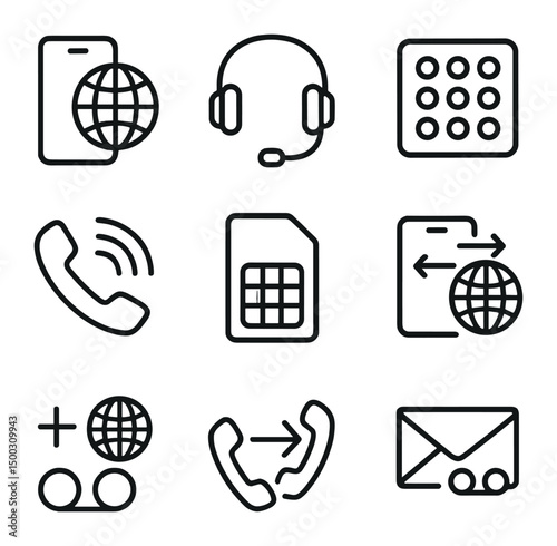 International Phone Icons. Outline icon set of international phone communication: smartphone globe, VoIP headset, dial pad, call