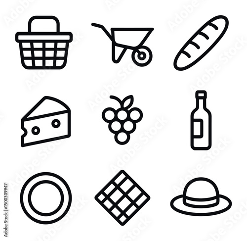 Picnic Icon Set. Outline icon set of picnic hamper and wheelbarrow duo: picnic basket, wheelbarrow, baguette, cheese wedge, grapes