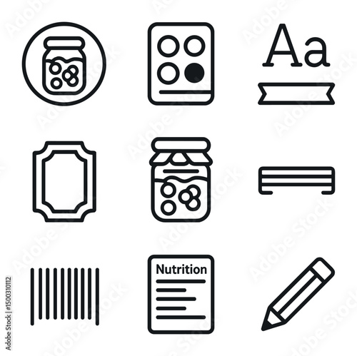 Jam Branding Icon Set. Outline icon set of jam branding and labeling: logo mockup, color palette, font sample, label dieline,