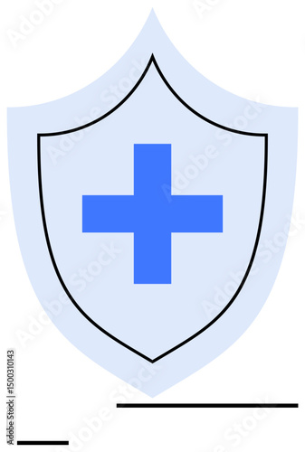 Blue cross centered in light blue shield outline. Ideal for healthcare, medical services, safety, protection, pharmaceutical branding, wellness, security, simple landing page