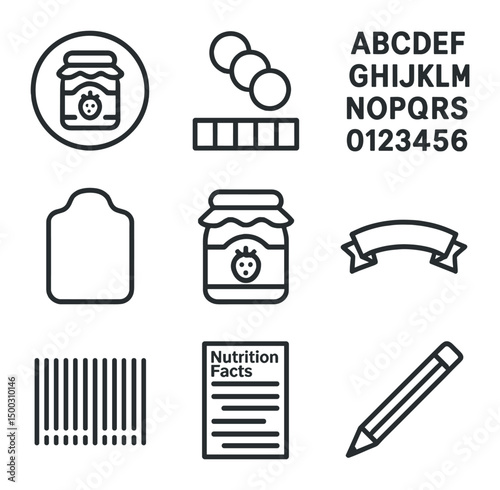 Jam Branding Icon Set. Outline icon set of jam branding and labeling: logo mockup, color palette, font sample, label dieline,