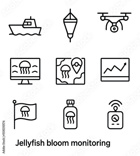 Jellyfish Monitoring Icons. Outline icon set of jellyfish bloom monitoring: research vessel, plankton net, drone survey, satellite