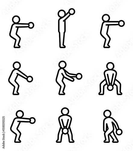 Kettlebell Swing Icon Set. Outline icon set of kettlebell swing variations: Russian swing, American swing, single-arm swing,