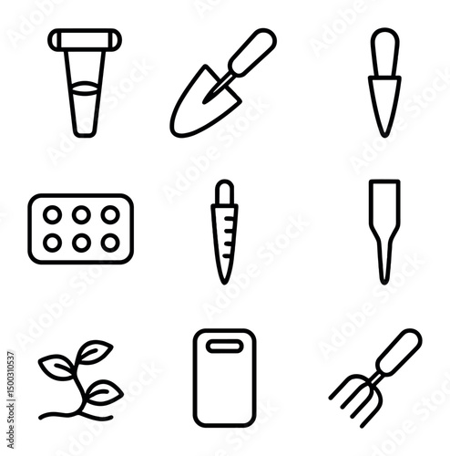 Planting Tool Icons. Outline icon set of planting techniques: bulb planter, planting trowel, dibber, spacing template, depth gauge