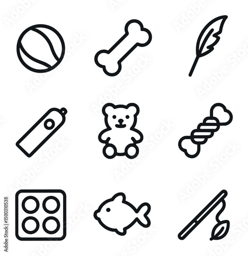 Playtime Toy Icons. Outline icon set of playtime and toys: ball, chew toy, feather wand, laser pointer, plush toy, rope tug, treat
