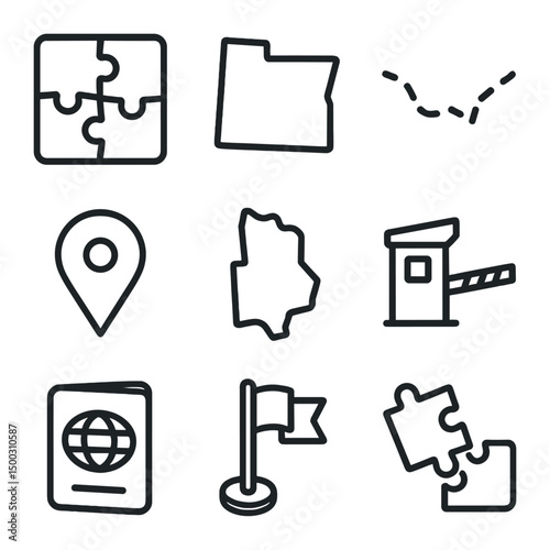 Political Boundary Icons. Outline icon set of political boundaries puzzle: national border, state border, disputed line, capital