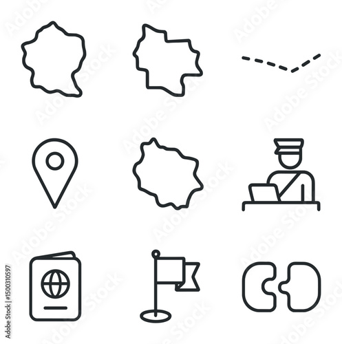 Political Boundary Icons. Outline icon set of political boundaries puzzle: national border, state border, disputed line, capital