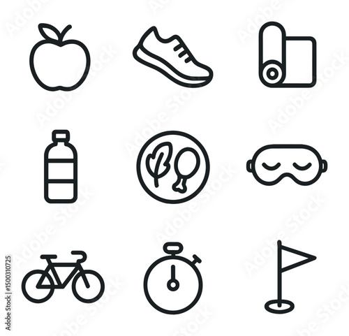 Lifestyle Icon Set. Outline icon set of lifestyle counseling: apple, running shoe, yoga mat, water bottle, meal plate, sleep mask,