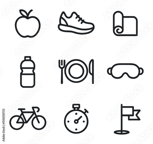 Lifestyle Icon Set. Outline icon set of lifestyle counseling: apple, running shoe, yoga mat, water bottle, meal plate, sleep mask,