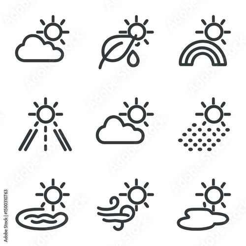 Post-Storm Icon Set. Outline icon set of post-storm sun rays: clearing sky, wet leaf, rainbow hint, damp road, scattered cloud,