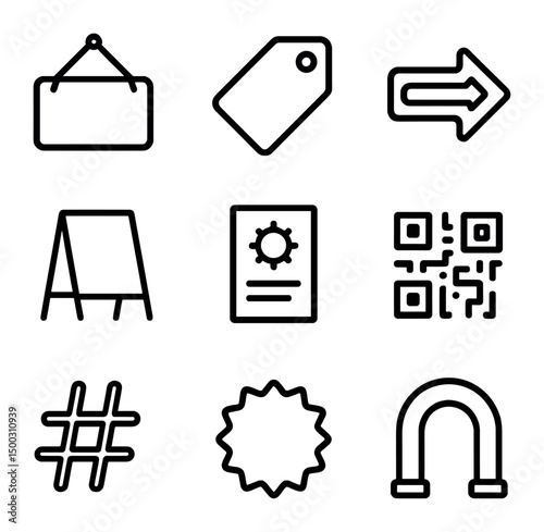 Promotional Icon Set. Outline icon set of promotions and signage: happy hour sign, deal tag, neon arrow, chalkboard menu, promo