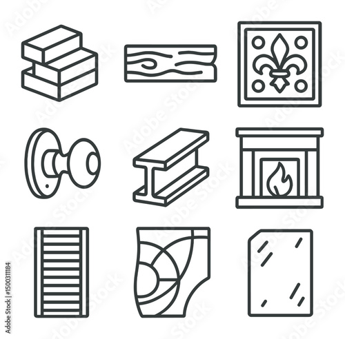 Reclaimed Materials Icons. Outline icon set of reclaimed and salvaged materials: reclaimed brick stack, salvaged wood plank,