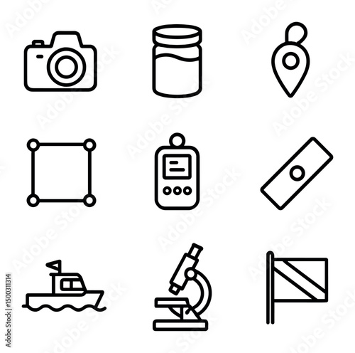 Reef Research Tools Icons. Outline icon set of reef research tools: underwater camera, sample jar, GPS tag, quadrat frame, data