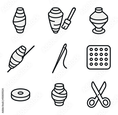 Recycled Paper Bead Icons. Outline icon set of recycled paper bead designs: rolled paper cone, varnish layer, bead spinner,