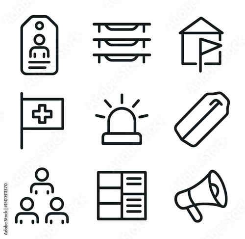 Mass Response Icons. Outline icon set of mass casualty incident management: casualty tag, stretchers row, command post, red cross