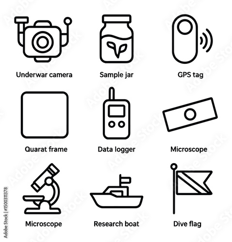 Reef Research Tools Icons. Outline icon set of reef research tools: underwater camera, sample jar, GPS tag, quadrat frame, data