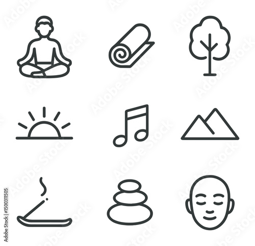 Meditation Icons Set. Outline icon set of man meditating outdoors: lotus pose silhouette, yoga mat, sunrise, tree, birdsong note,