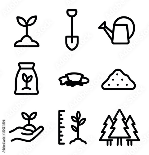 Reforestation Icon Set. Outline icon set of reforestation efforts: seedling sapling, shovel, watering can, tree sapling bag,
