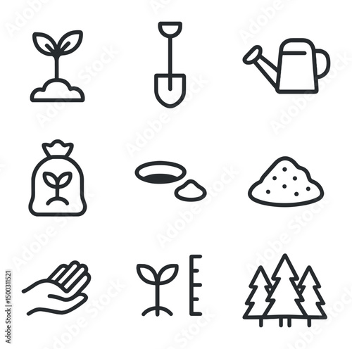 Reforestation Icon Set. Outline icon set of reforestation efforts: seedling sapling, shovel, watering can, tree sapling bag,
